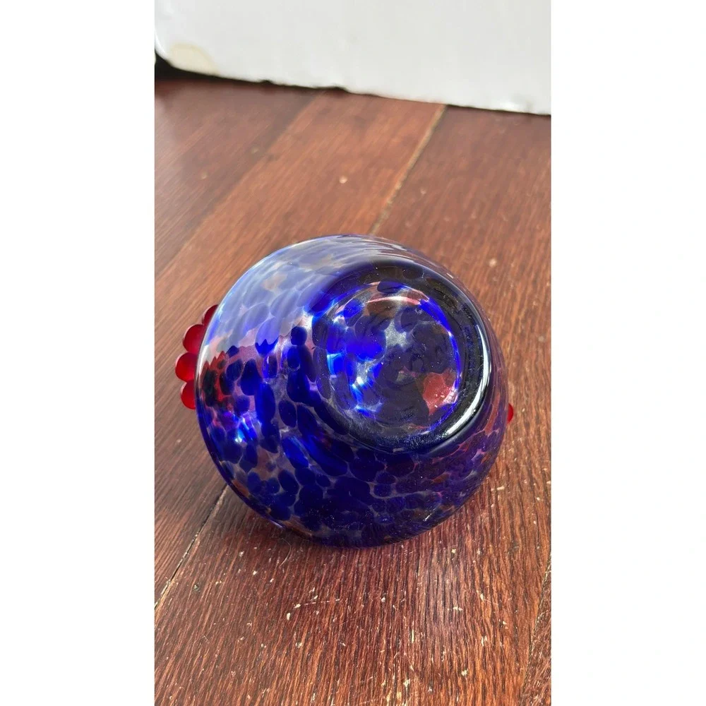 Hand Blown Glass Hummingbird Feeder Cobalt Blue Confetti Red Flower Port Hanging